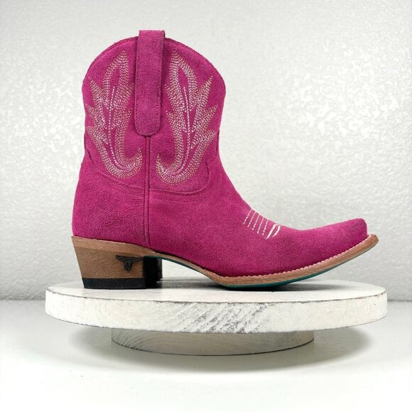 Lane Boots Shoes - Lane Hot Pink Suede Cowboy Boots Size 7.5 Leather Western Bootie Short Snip Toe